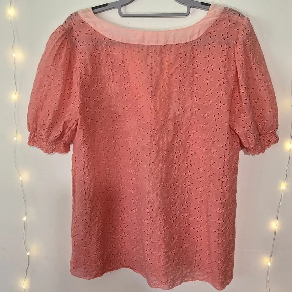 JOHNNY WAS 4 LOVE AND LIBERTY Silk Blend Eyelet Embroidered Blouse Small Coral